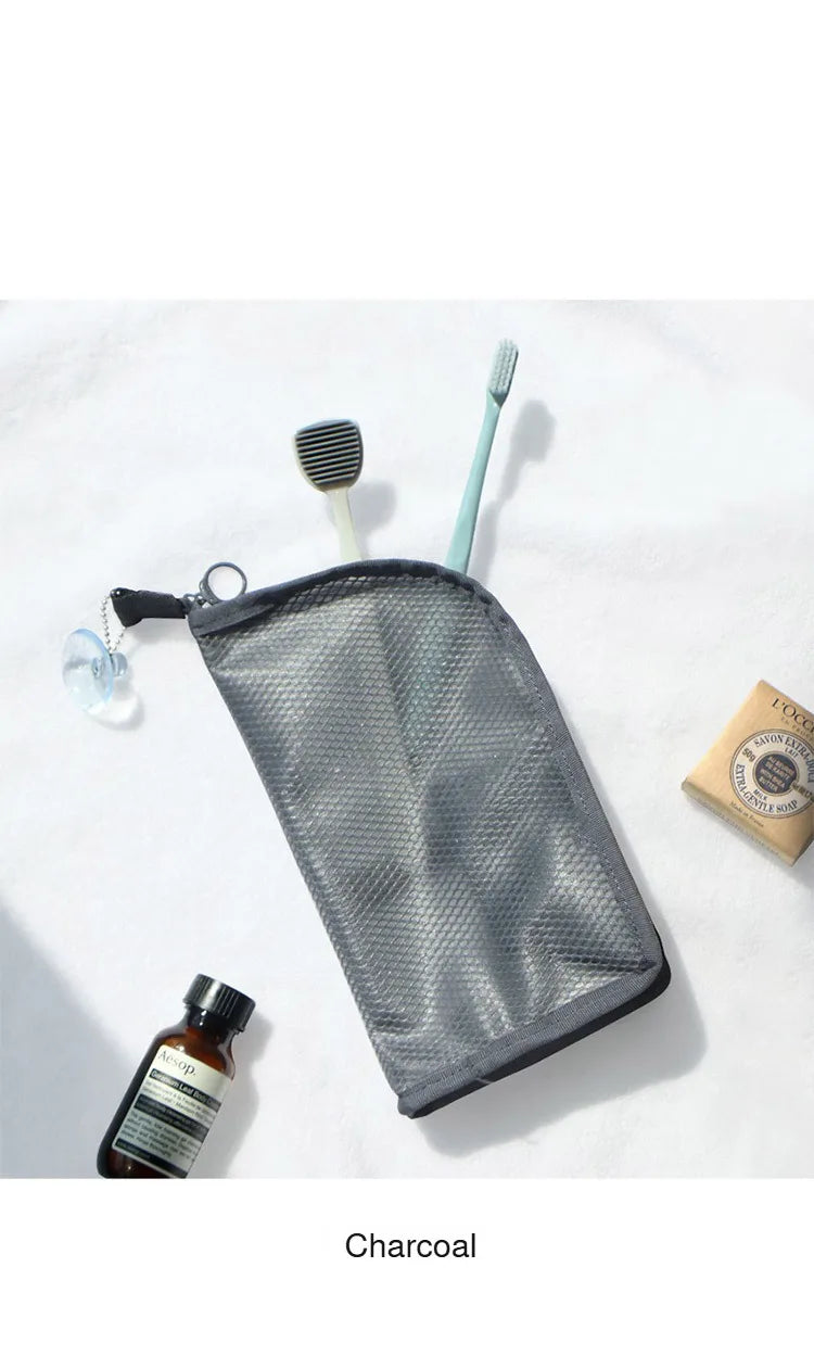 Portable Mesh Standing Toiletry Bag, Lightweight Foldable Clear Hanging Travel Organiser for Toothbrush & Travel