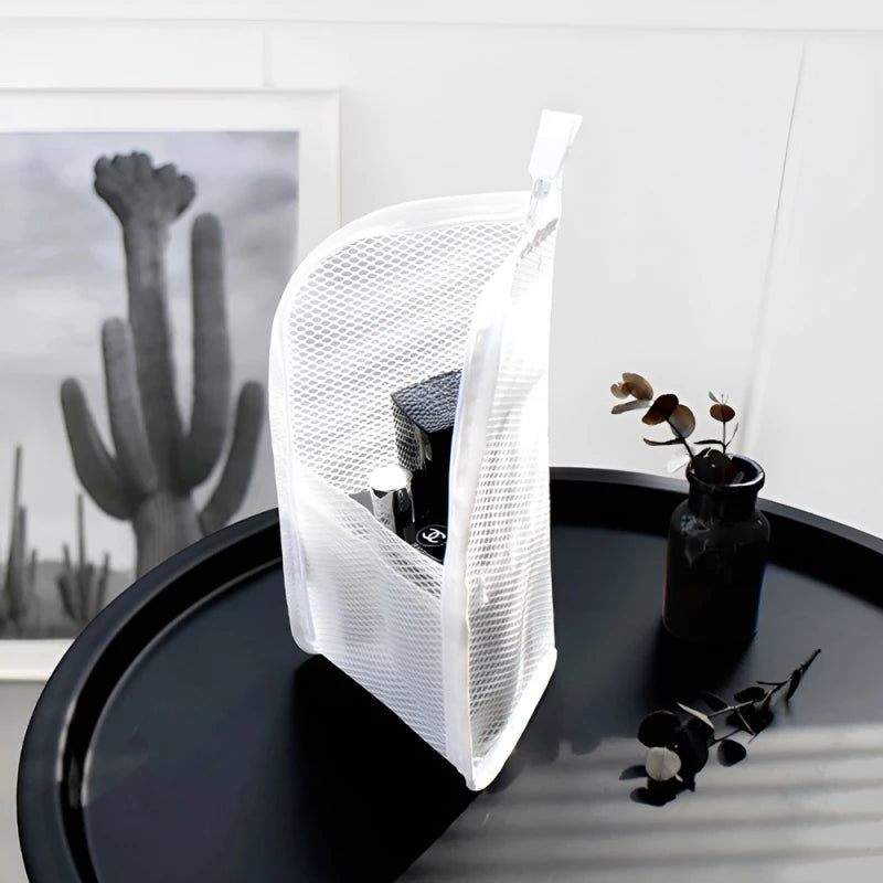 Portable Mesh Standing Toiletry Bag, Lightweight Foldable Clear Hanging Travel Organiser for Toothbrush & Travel