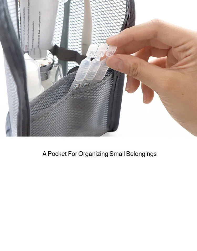 Portable Mesh Standing Toiletry Bag, Lightweight Foldable Clear Hanging Travel Organiser for Toothbrush & Travel