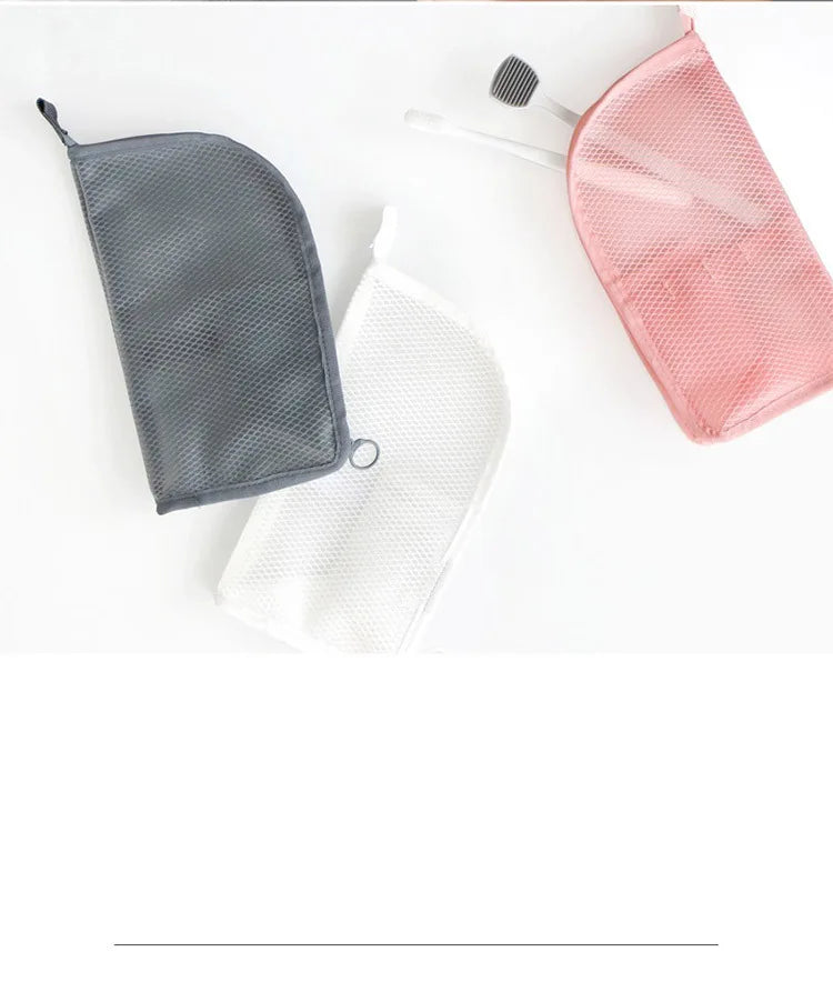 Portable Mesh Standing Toiletry Bag, Lightweight Foldable Clear Hanging Travel Organiser for Toothbrush & Travel