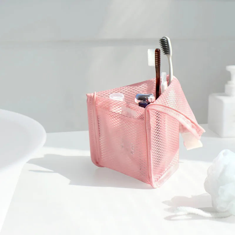 Portable Mesh Standing Toiletry Bag, Lightweight Foldable Clear Hanging Travel Organiser for Toothbrush & Travel