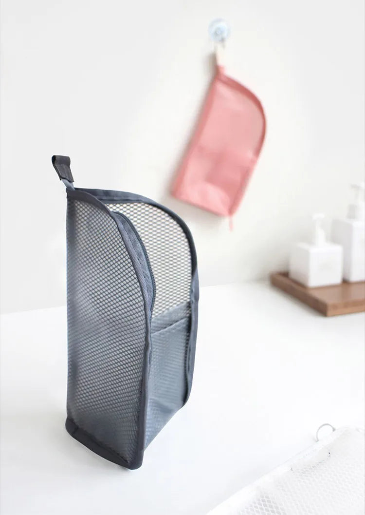 Portable Mesh Standing Toiletry Bag, Lightweight Foldable Clear Hanging Travel Organiser for Toothbrush & Travel