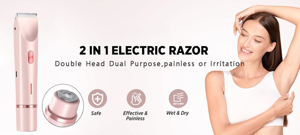 Electric Razors for Women 2 in 1 Electric Shaver for Pubic Hair Trimmer IPX7 Waterproof Wet&Dry Use Bikini Shaver for Body
