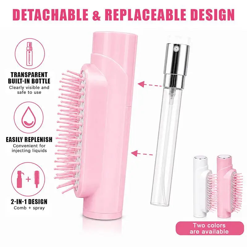 Portable Hair Brush with Built-in Fine Mist Spray Anti-frizz Quick Hydration Tool for Women Travel Daily Hair Styling