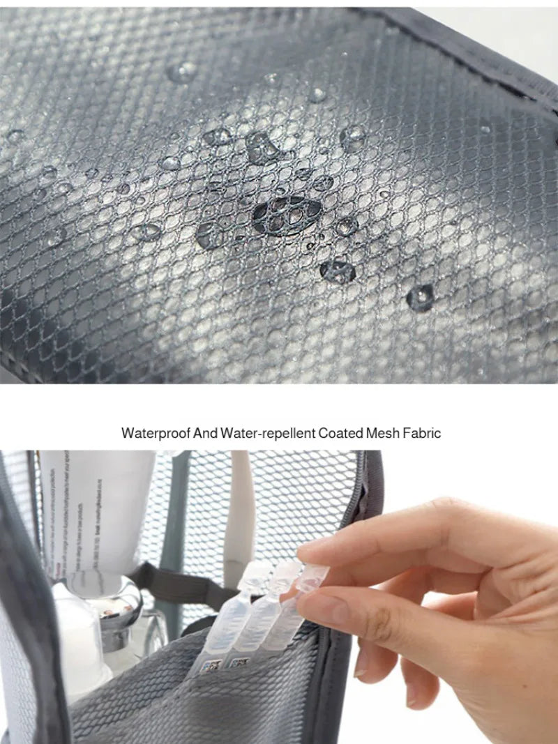 Portable Mesh Standing Toiletry Bag, Lightweight Foldable Clear Hanging Travel Organiser for Toothbrush & Travel