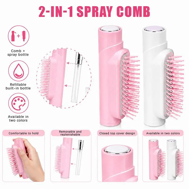 Portable Hair Brush with Built-in Fine Mist Spray Anti-frizz Quick Hydration Tool for Women Travel Daily Hair Styling