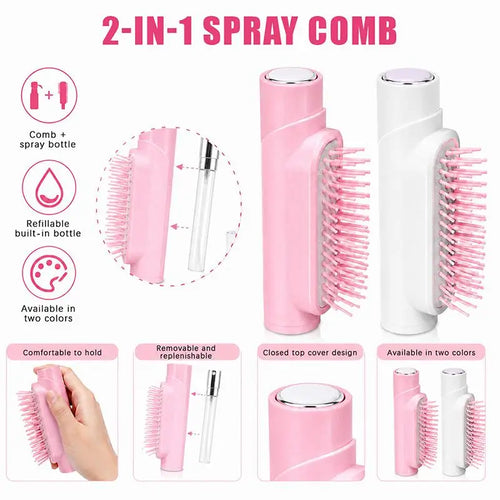 Portable Hair Brush with Built-in Fine Mist Spray Anti-frizz Quick Hydration Tool for Women Travel Daily Hair Styling