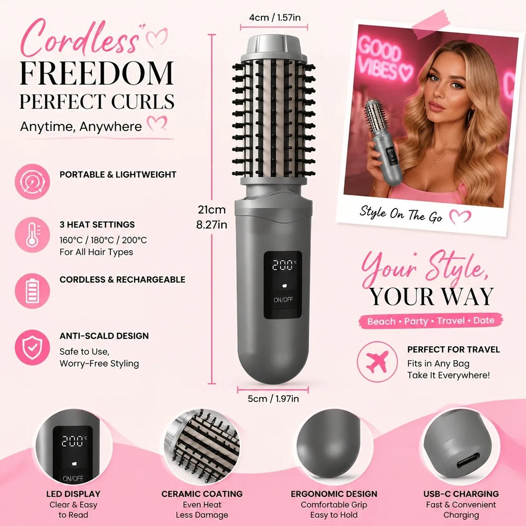 Portable Cordless Ionic Hot Comb, USB Rechargeable Hair Straightener Brush, 2 In 1 Curler Anti Damage Home Salon Styling Tool