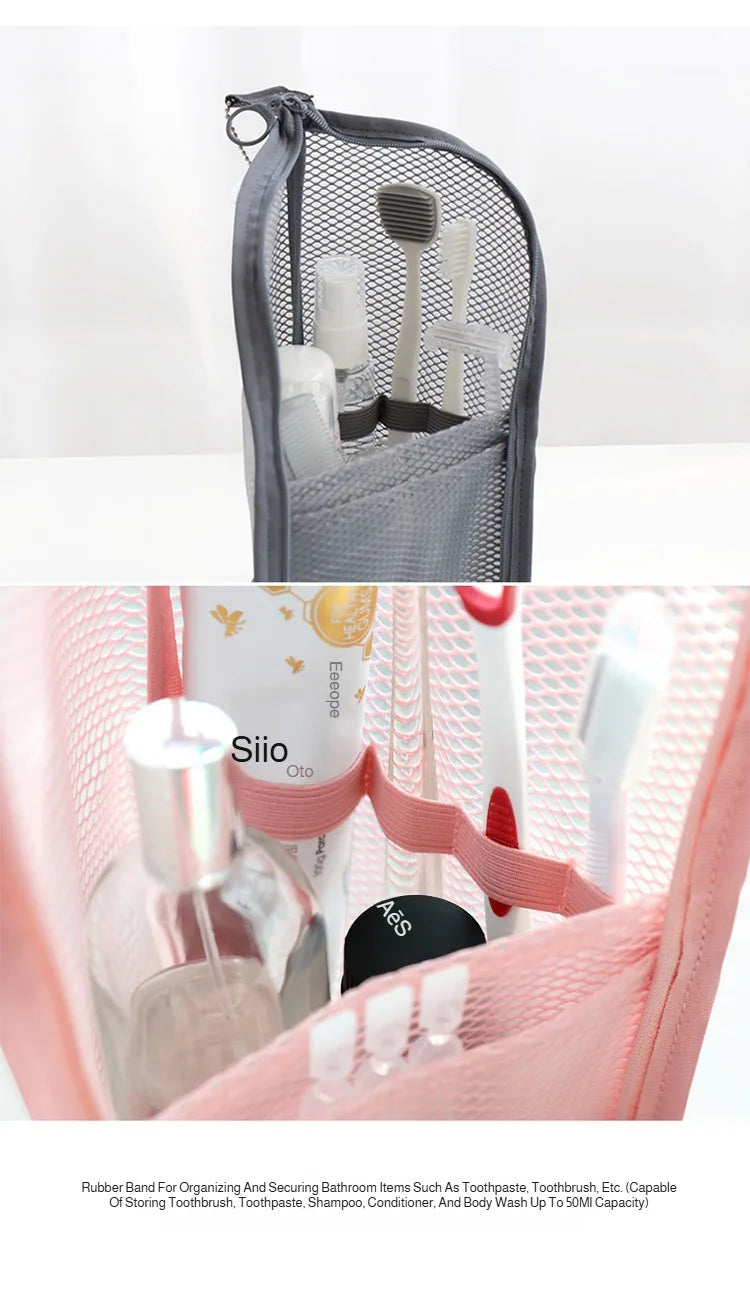 Portable Mesh Standing Toiletry Bag, Lightweight Foldable Clear Hanging Travel Organiser for Toothbrush & Travel